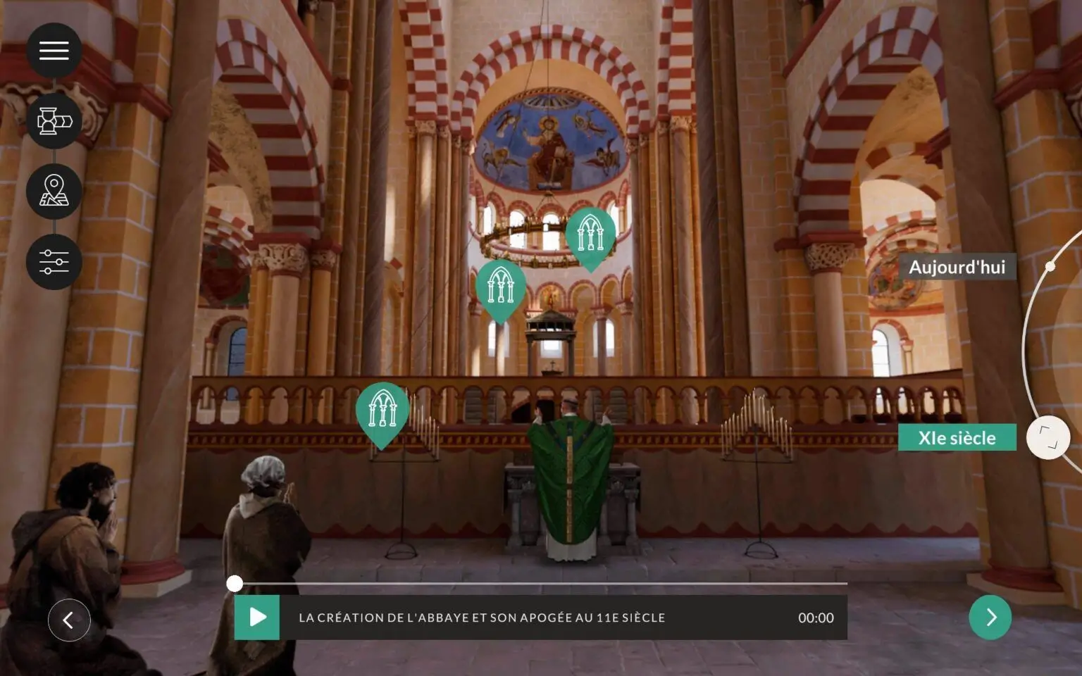 Screenshot of the Mont-Saint-Michel 3D tour application showing historical room interiors, zoom functions, and interactive navigation icons.