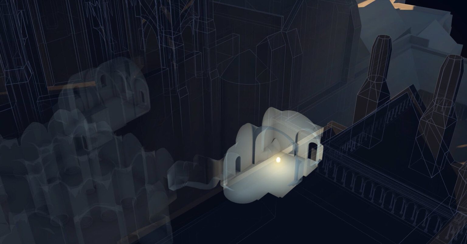 Detailed 3D historical reconstruction showing the architectural evolution of the Merveille building at Mont-Saint-Michel for the ARTE documentary