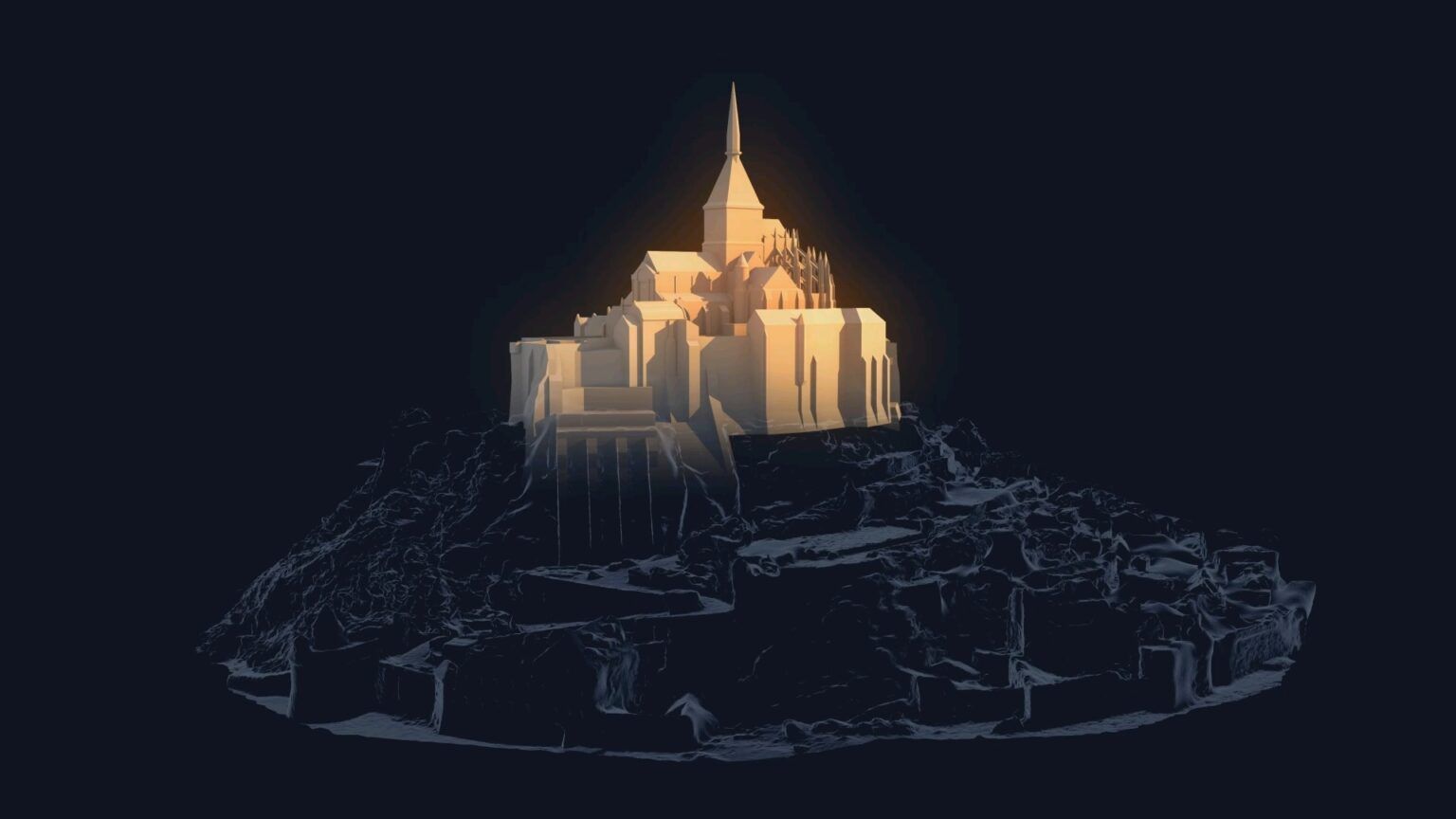 Animated white model and point cloud sequence illustrating the structural developments of the Merveille building at Mont-Saint-Michel.