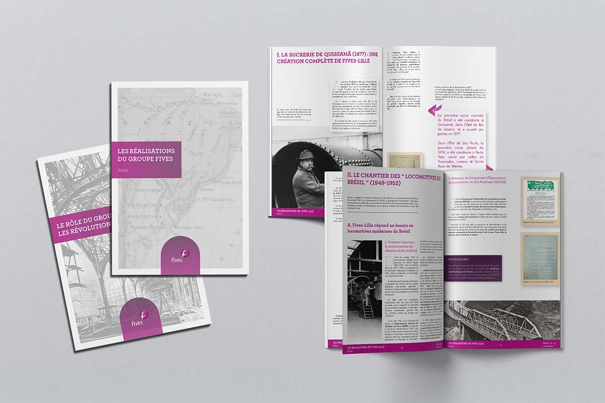 Couvertures et pages de dossiers historiques Fives présentant des cartes, des photographies d’archives et des textes sur le Brésil.